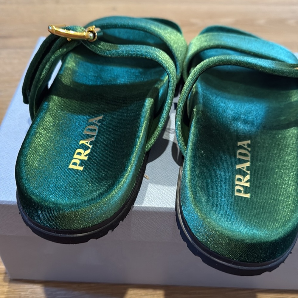 Prada Green Velvet Slide Sandals - Picture 5 of 11